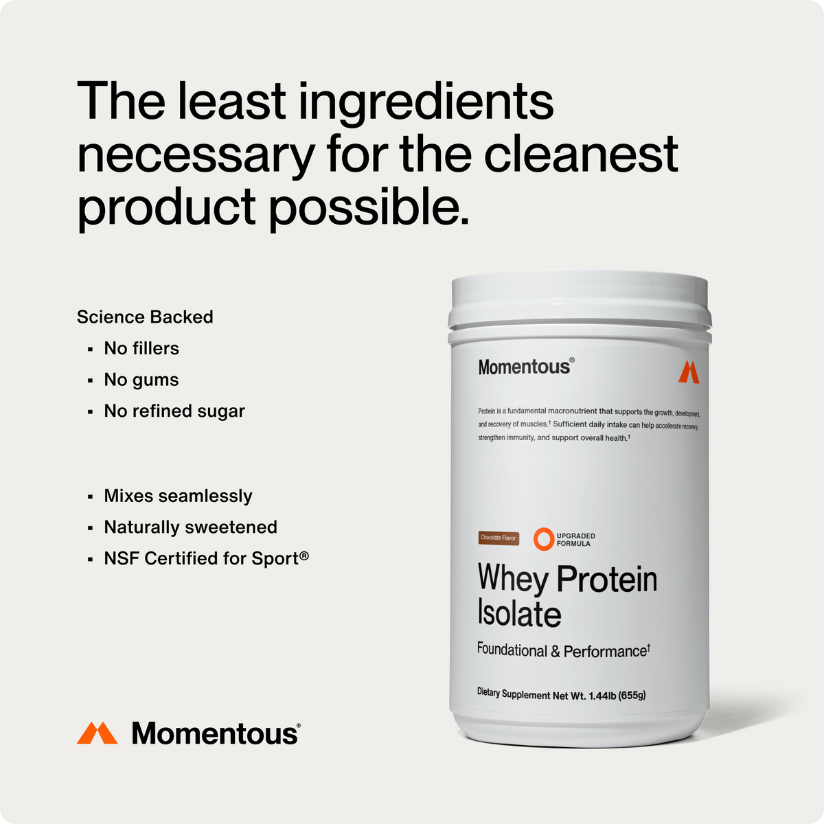 White Momentous brand whey protein isolate container with chocolate flavor label, 1.44 lb size.