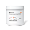 Momentous Whey Protein Isolate dietary supplement in strawberry flavor, white plastic tub, 10.5 oz (296.4 g), labeled “Foundational & Performance” with upgraded formula badge; packaging states protein is a fundamental macronutrient and critical building block essential for supporting muscle growth, development, and recovery