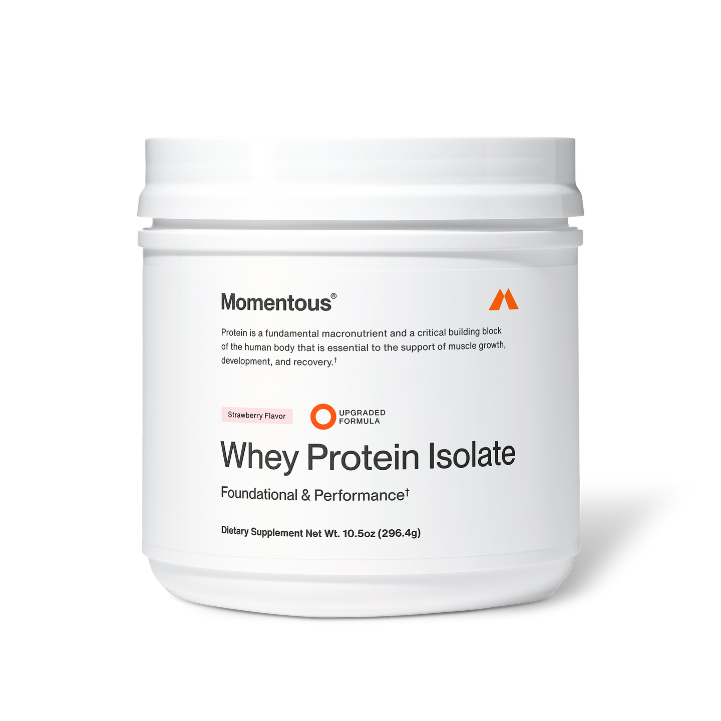 Momentous Whey Protein Isolate dietary supplement in strawberry flavor, white plastic tub, 10.5 oz (296.4 g), labeled “Foundational & Performance” with upgraded formula badge; packaging states protein is a fundamental macronutrient and critical building block essential for supporting muscle growth, development, and recovery