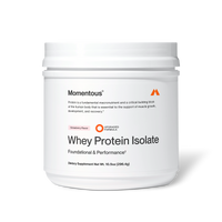 Momentous Whey Protein Isolate dietary supplement in strawberry flavor, white plastic tub, 10.5 oz (296.4 g), labeled “Foundational & Performance” with upgraded formula badge; packaging states protein is a fundamental macronutrient and critical building block essential for supporting muscle growth, development, and recovery