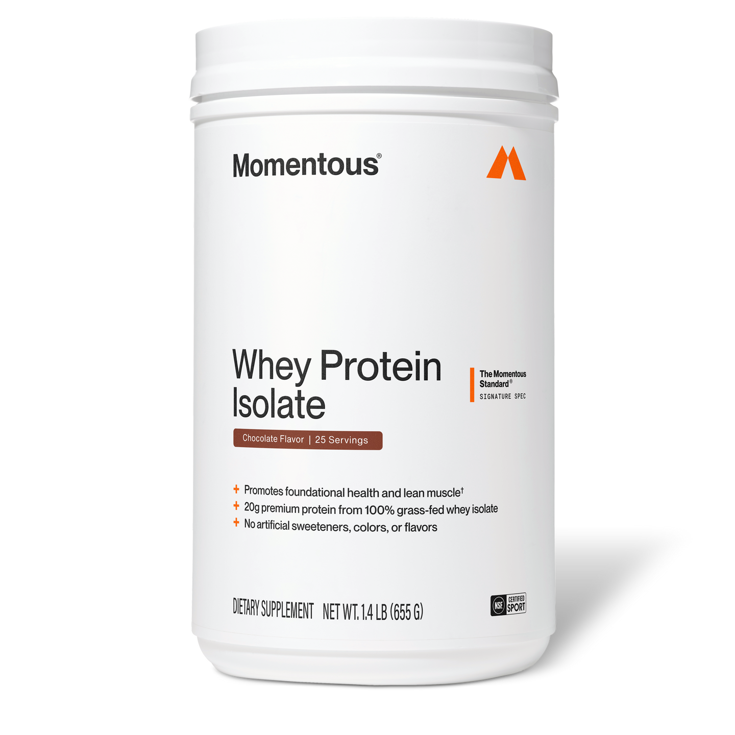 Momentous Whey Protein Isolate tub, Chocolate Flavor, 25 Servings, front-facing product shot. Label reads 
