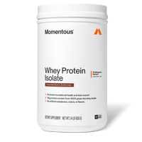 Momentous Whey Protein Isolate tub, Chocolate Flavor, 25 Servings, front-facing product shot. Label reads 