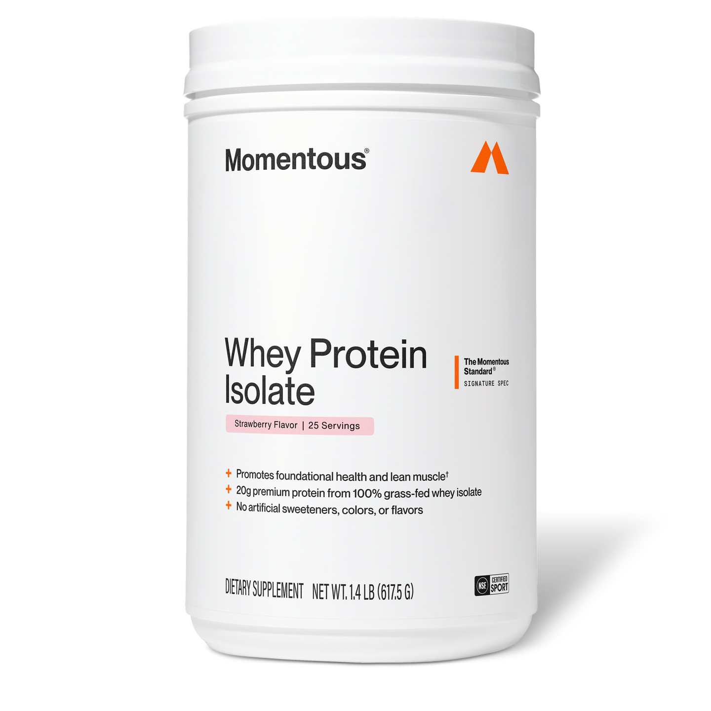 Momentous Whey Protein Isolate tub, Strawberry Flavor, 25 Servings, front-facing product shot. Label reads 