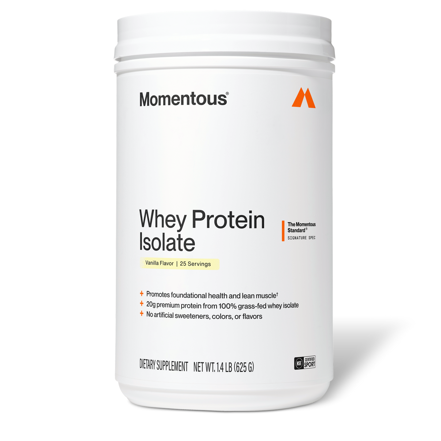 Momentous Whey Protein Isolate tub, Vanilla Flavor, 25 Servings, front-facing product shot. Label reads 