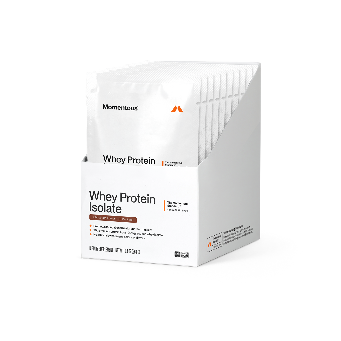 Momentous Whey Protein Isolate box of 10 packets, Chocolate Flavor, on a black background with white packets standing in the open box. Label reads Whey Protein Isolate, The Momentous Standard Signature Spec, and bullets: promotes foundational health and lean muscle; 20g premium protein from 100% grass-fed whey isolate; no artificial sweeteners, colors, or flavors. Dietary Supplement, net wt 9.3 oz (264 g). NSF Certified for Sport.
