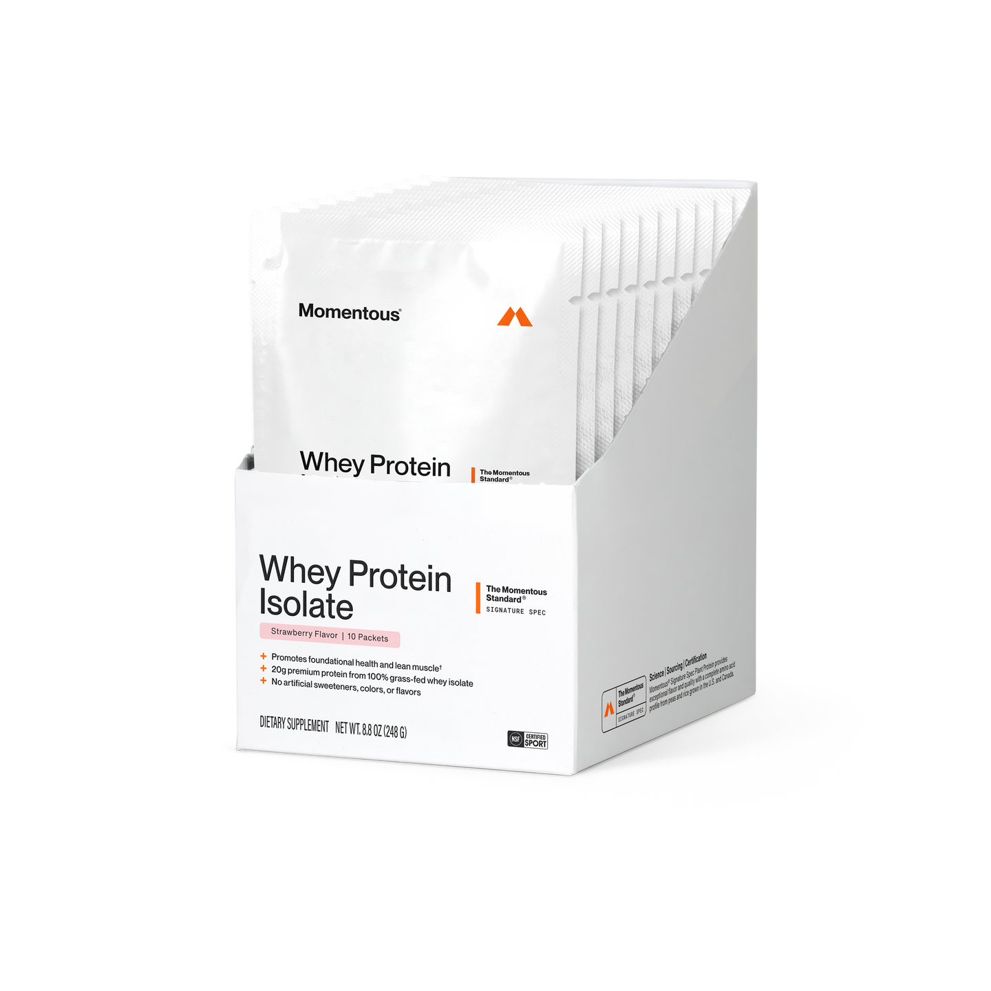 Momentous Whey Protein Isolate box of 10 packets, Strawberry Flavor, on a black background with white packets standing in the open box. Label reads Whey Protein Isolate, The Momentous Standard Signature Spec, and bullets: promotes foundational health and lean muscle; 20g premium protein from 100% grass-fed whey isolate; no artificial sweeteners, colors, or flavors. Dietary Supplement, net wt 8.8 oz (248 g). NSF Certified for Sport.