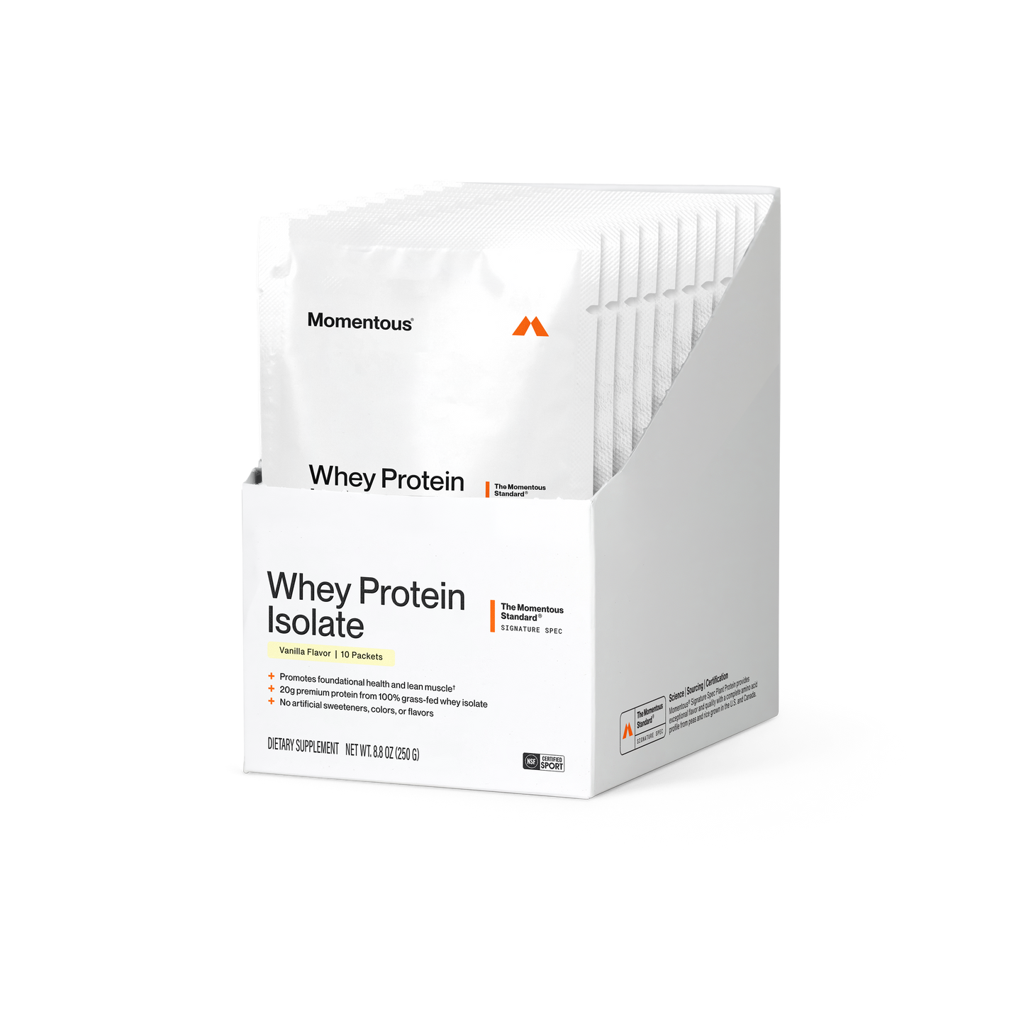 Momentous Whey Protein Isolate box of 10 packets, Vanilla Flavor, on a black background with white packets standing in the open box. Label reads Whey Protein Isolate, The Momentous Standard Signature Spec, and bullets: promotes foundational health and lean muscle; 20g premium protein from 100% grass-fed whey isolate; no artificial sweeteners, colors, or flavors. Dietary Supplement, net wt 8.8 oz (250 g). NSF Certified for Sport.