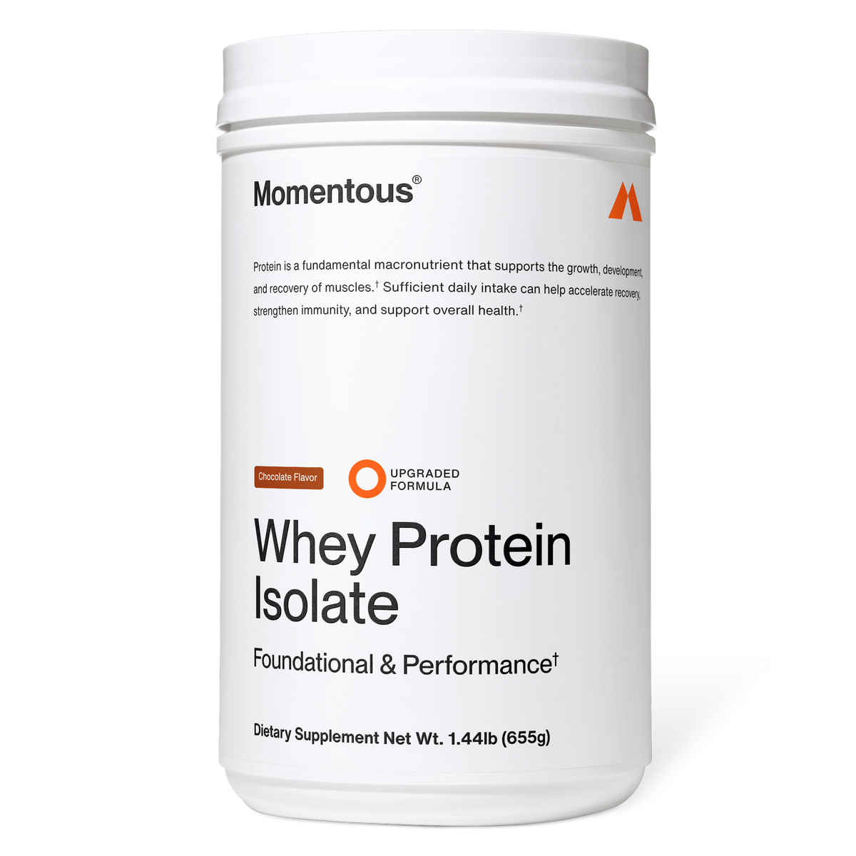 Momentous Whey Protein Isolate chocolate flavor supplement container on a black background, white jar labeled “Whey Protein Isolate” with upgraded formula.