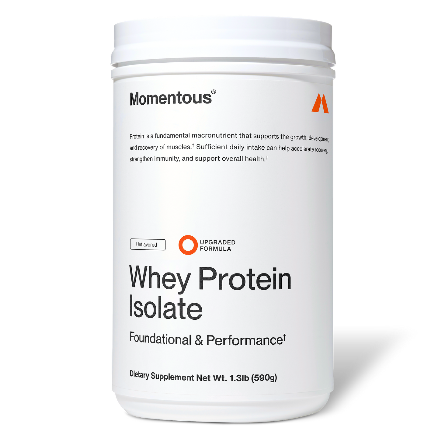 Momentous Whey Protein Isolate unflavored supplement container on a black background, white jar labeled “Whey Protein Isolate” with upgraded formula.