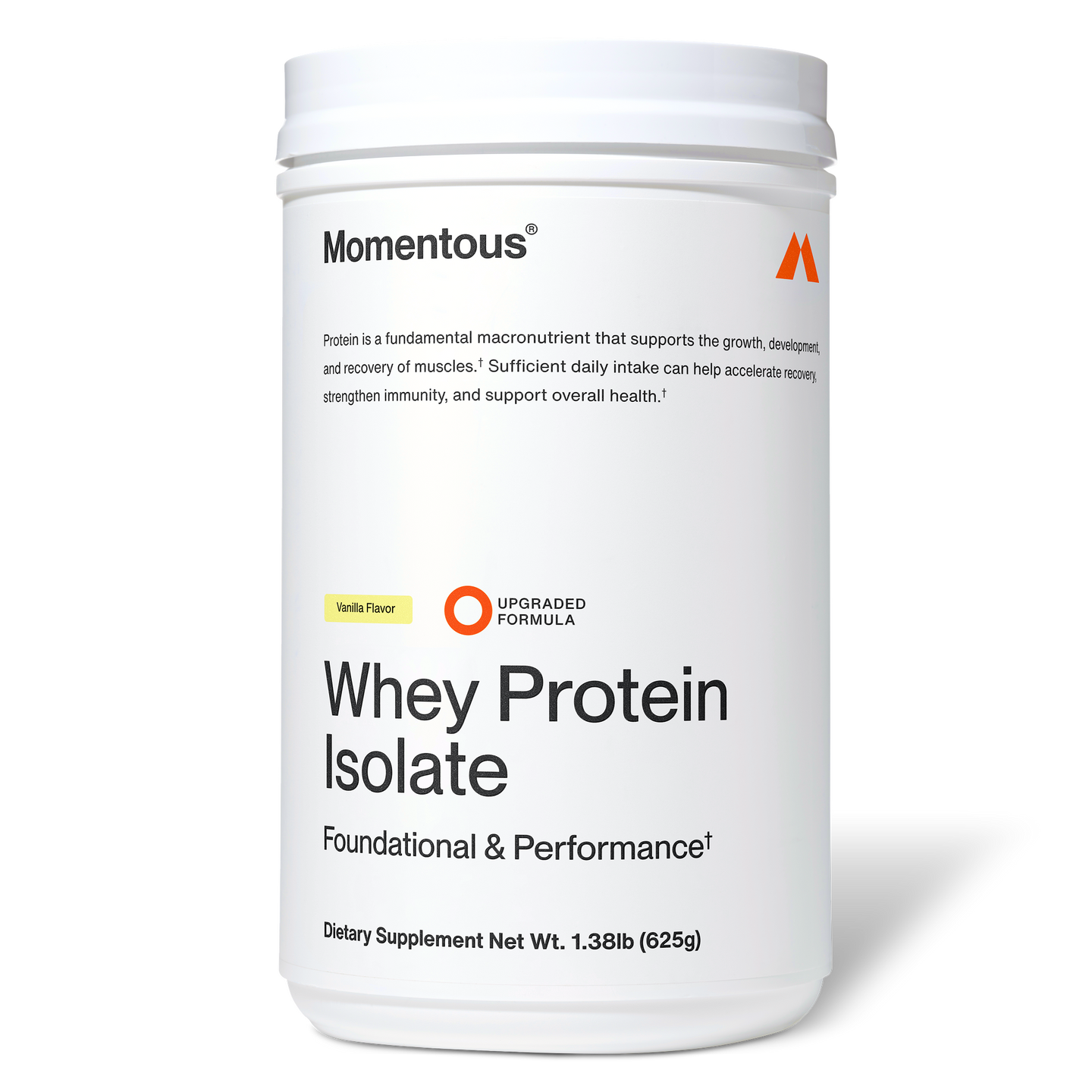 Momentous Whey Protein Isolate vanilla flavor supplement container on a black background, white jar labeled “Whey Protein Isolate” with upgraded formula.