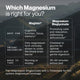 Which magnesium is right for you, comparison chart over a mountain landscape. Magtein, best for cognitive function, focus, memory; only magnesium form clinically shown to cross the blood-brain barrier; when to take, morning or midday. Magnesium Bisglycinate, best for promoting calm and relaxation, addressing deficiencies; chelated to glycine for optimal absorption and gentle digestion; take 30 to 60 minutes before bed. Pair Magnesium Bisglycinate with L-Threonate for full system magnesium coverage. (499 cha