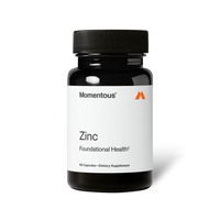 Black bottle labeled “Momentous Zinc – Foundational Health†.” Contains 60 capsules. Minimalist white label with Momentous branding.