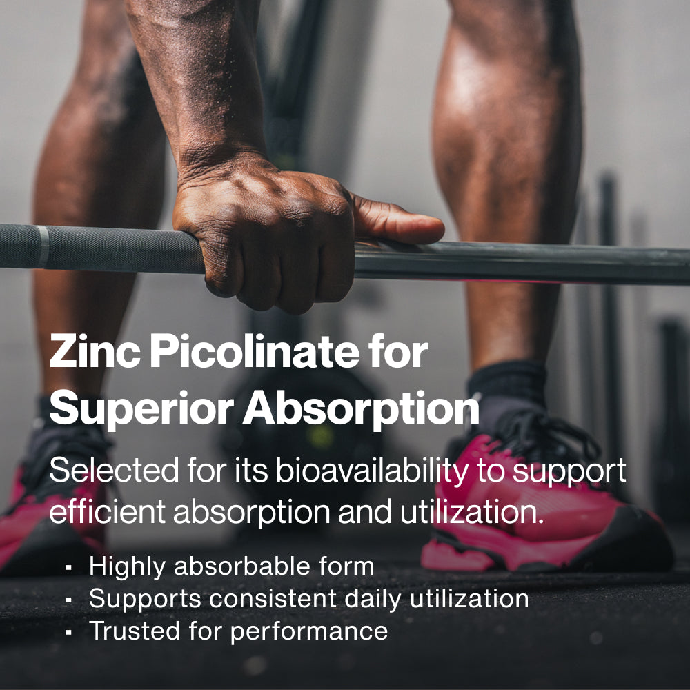 Close-up of a person gripping a barbell in a gym. Text reads: “Zinc Picolinate for Superior Absorption. Selected for its bioavailability to support efficient absorption and utilization. Highly absorbable form. Supports consistent daily utilization. Trusted for performance.”