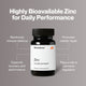 Bottle with callouts and text: “Highly Bioavailable Zinc for Daily Performance. Reinforces immune defence. Promotes cellular repair. Supports recovery and performance. Plays a role in hormone regulation.”
