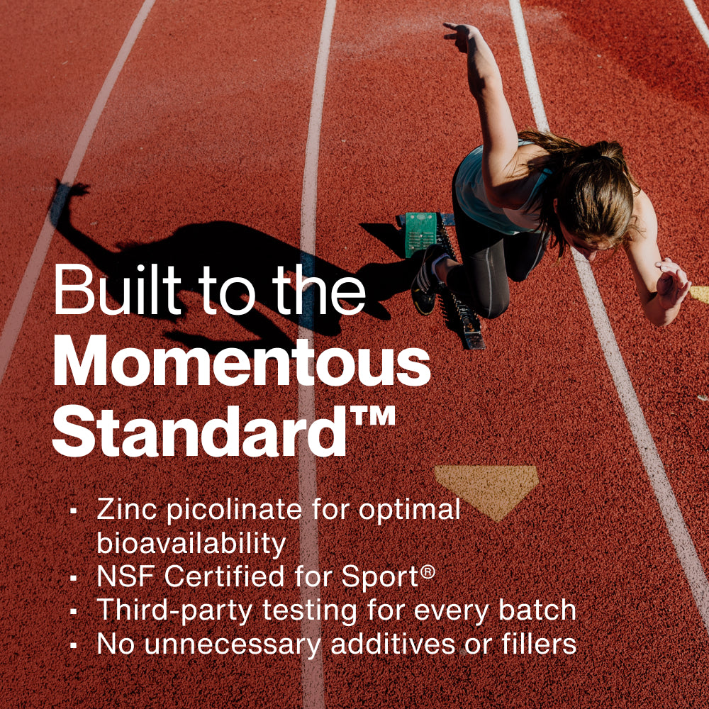 Athlete sprinting on a track. Text reads: “Built to the Momentous Standard™. Zinc picolinate for optimal bioavailability. NSF Certified for Sport®. Third-party testing for every batch. No unnecessary additives or fillers.”