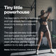 Woman exercising with a kettlebell in a gym. Text reads: “Tiny little powerhouse. I’ve been taking zinc for a few weeks, and I can already feel a noticeable boost in my energy and immune strength. The capsules are easy to swallow and don’t upset my stomach like some other brands. Overall, it feels clean, effective, and like a great addition to my daily wellness routine. Alexis (Verified Customer), five stars.”