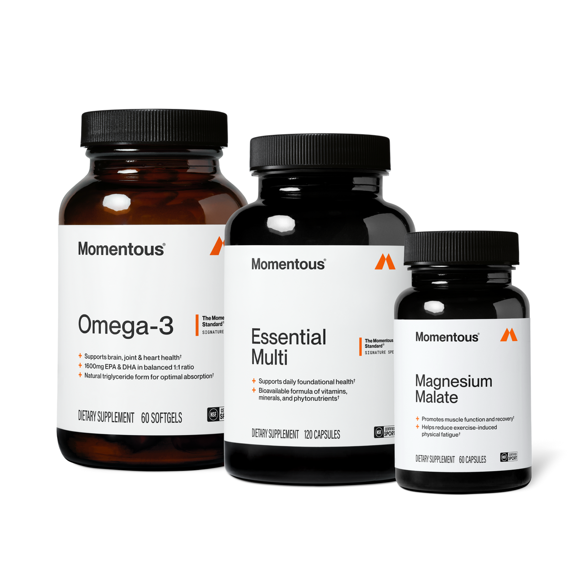 Momentous Omega-3, 60 softgels, supports brain, joint and heart health, 1600mg EPA and DHA in balanced 1 to 1 ratio, natural triglyceride form for optimal absorption; Essential Multi, 120 capsules, supports daily foundational health, bioavailable formula of vitamins, minerals, and phytonutrients; Magnesium Malate, 60 capsules, promotes muscle function and recovery, helps reduce exercise-induced physical fatigue. The Momentous Standard Signature Spec, NSF Certified Sport. (475 chars)
