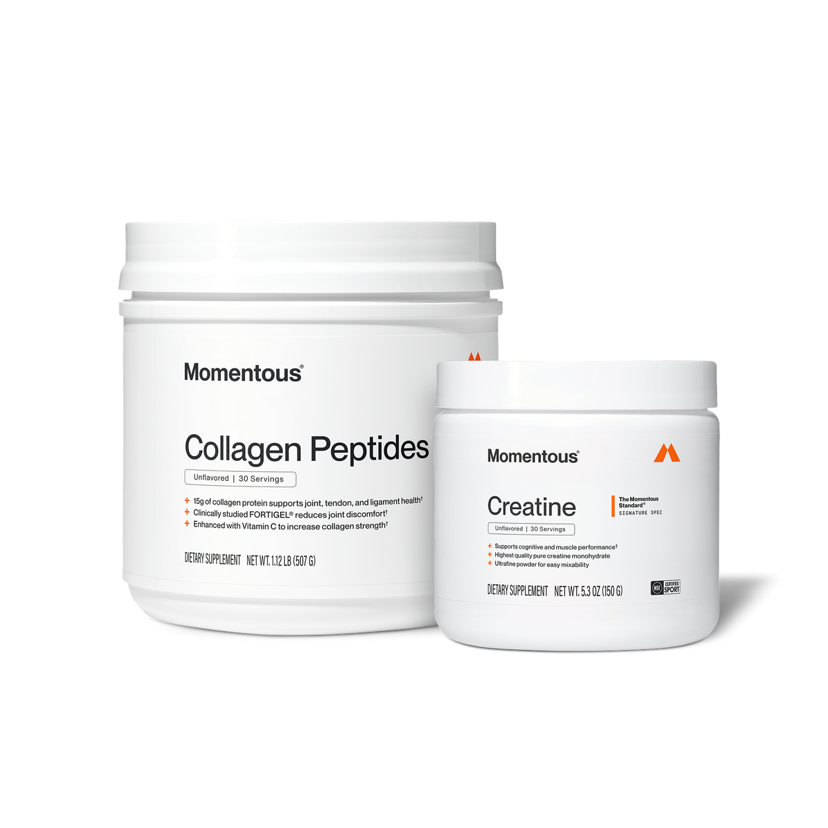 Momentous Collagen Peptides, Unflavored, 30 servings, 1.12lb 507g, 15g of collagen protein supports joint, tendon, and ligament health, clinically studied FORTIGEL reduces joint discomfort, enhanced with Vitamin C to increase collagen strength; beside Creatine, The Momentous Standard Signature Spec, Unflavored, 30 servings, 5.3oz 150g, supports cognitive and muscle performance, highest quality pure creatine monohydrate, ultrafine powder for easy mixability, NSF Certified Sport. (482 chars)
