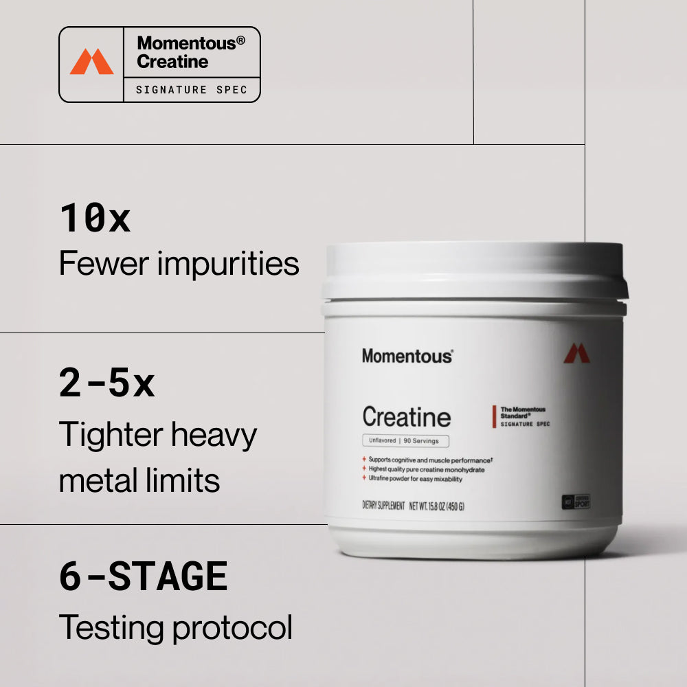Momentous Creatine Signature Spec, Unflavored 90 servings (15.Momentous Creatine Signature Spec, Unflavored 90 servings (15.8oz/450g), dietary supplement. Supports cognitive and muscle performance. Highest quality pure creatine monohydrate. Ultrafine powder for easy mixability. 10x fewer impurities, 2–5x tighter heavy metal limits, 6-stage testing protocol. NSF Certified Sport.