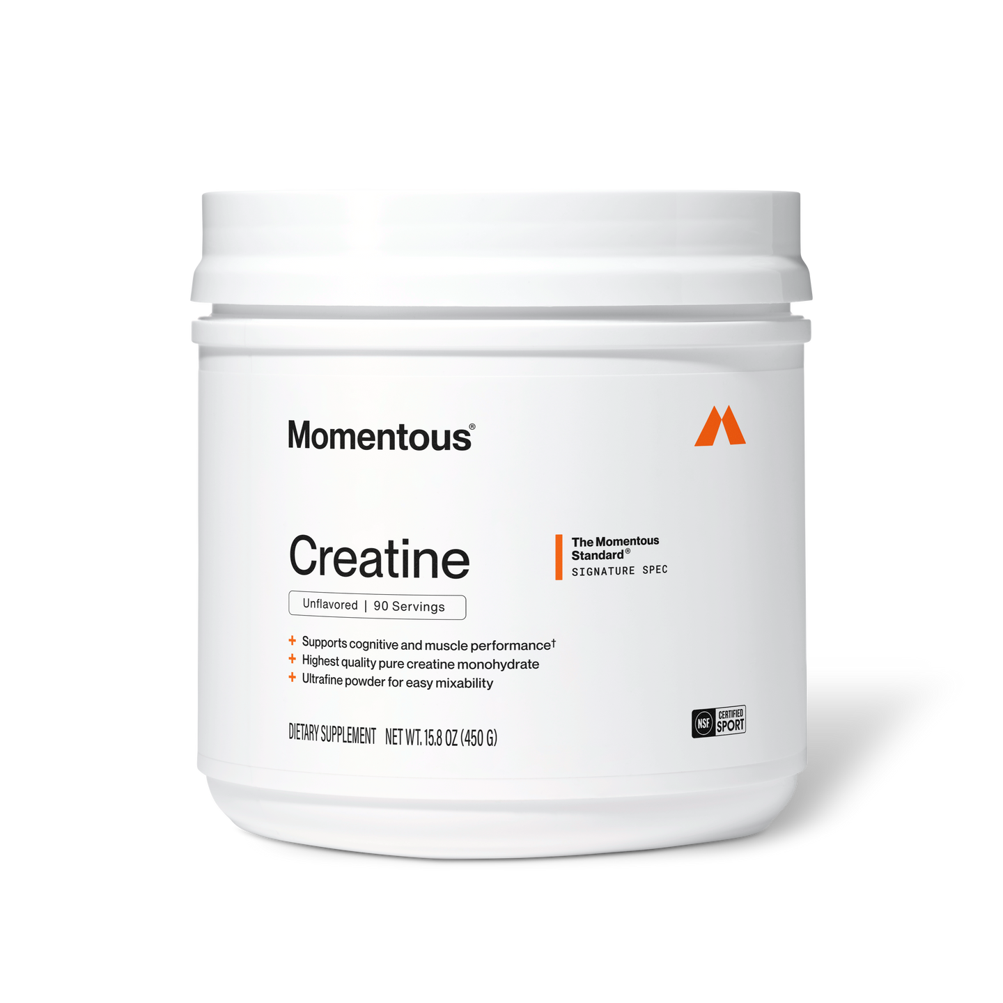 Momentous Creatine Monohydrate jar, unflavored 90 servings, 15.8oz 450g, NSF Certified Sport, Signature Spec, supports cognitive and muscle performance, highest quality pure creatine monohydrate, ultrafine powder for easy mixability