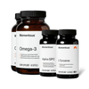 Momentous Omega-3 in two amber bottles, 60 softgels, supports brain, joint and heart health, 1600mg EPA and DHA in balanced 1 to 1 ratio, natural triglyceride form for optimal absorption; Alpha GPC, 60 capsules, supports focus, memory, and cognitive performance, helps improve muscular output and athletic performance; L-Tyrosine, 60 capsules, sustains cognitive performance under stress, supports alertness and focus. NSF Certified Sport. (439 chars)