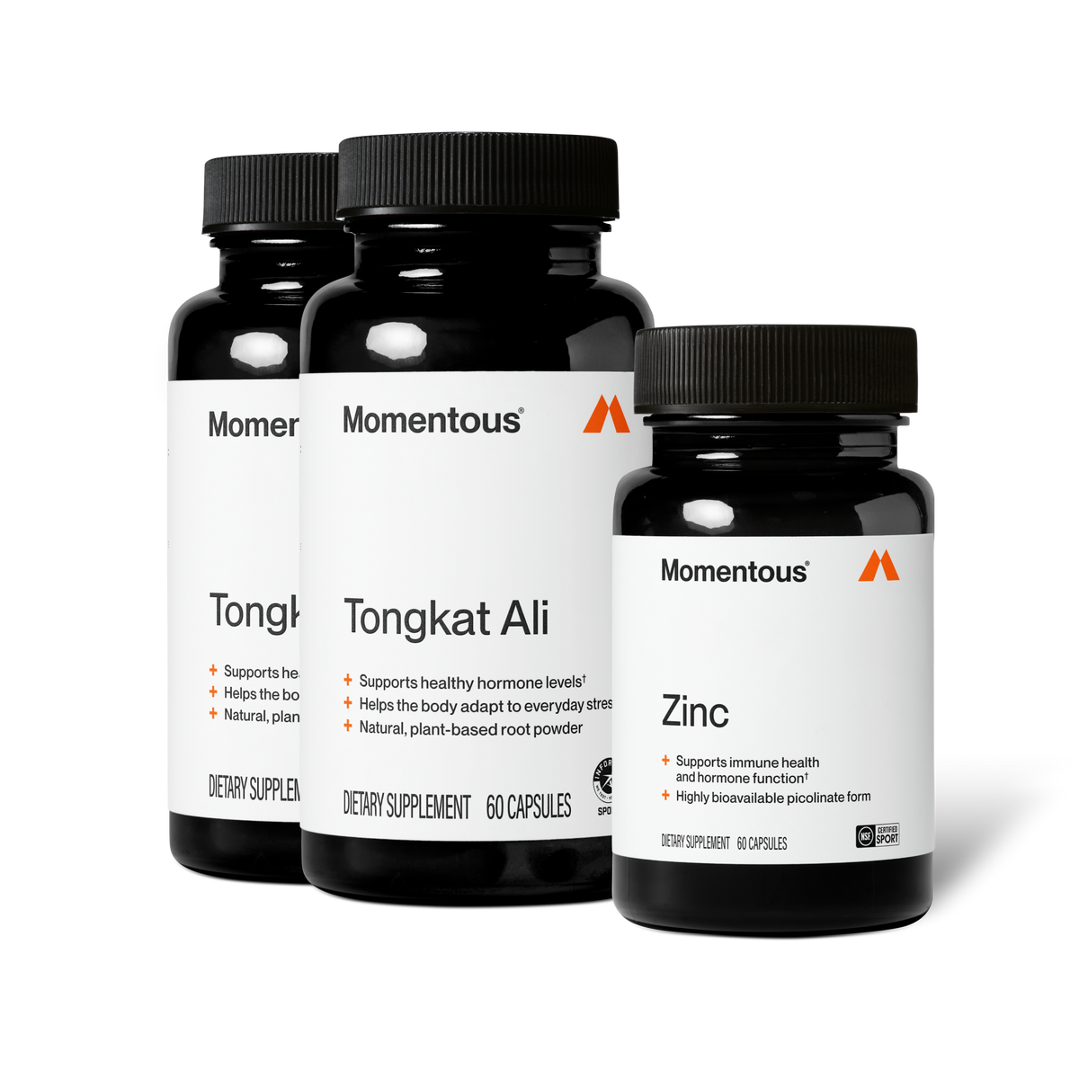 Momentous Tongkat Ali in two bottles, 60 capsules, supports healthy hormone levels, helps the body adapt to everyday stress, natural, plant-based root powder, Informed Sport; beside Zinc, 60 capsules, supports immune health and hormone function, highly bioavailable picolinate form, NSF Certified Sport. (303 chars)