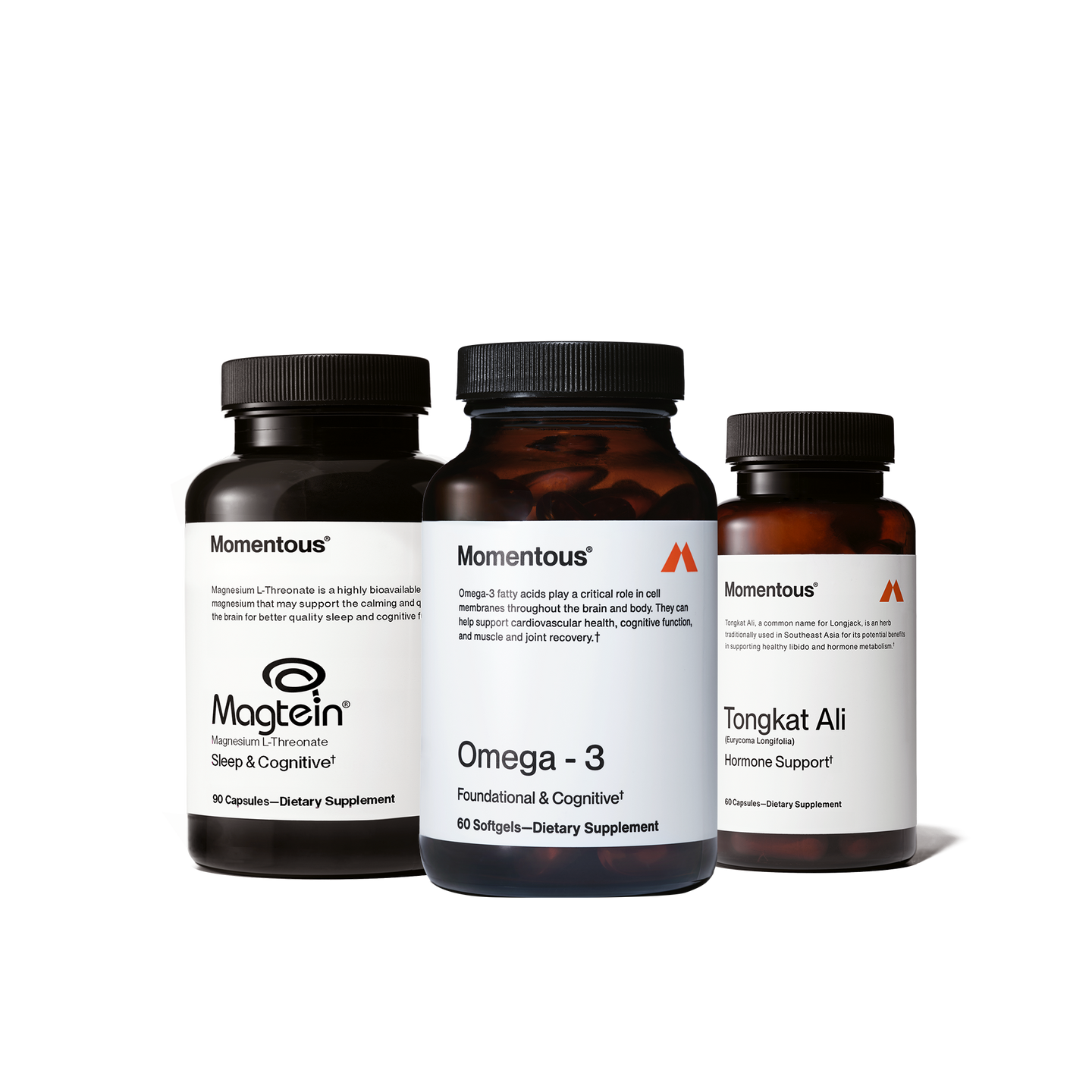 Three Momentous supplement bottles: Magnesium L-Threonate capsules, Omega-3 softgels, and Tongkat Ali capsules.